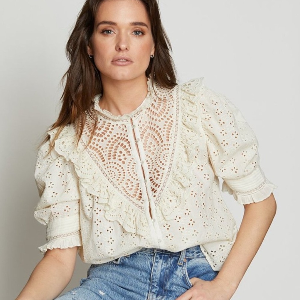 Love The Label Anthropologie Dreamer Ruffled Eyelet Blouse 100% Cotton Size L